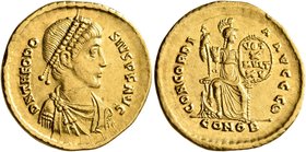 Theodosius I, 379-395. Solidus (Gold, 21 mm, 4.45 g, 6 h), Constantinopolis, 383-388. D N THEODO-SIVS P F AVG Pearl-diademed, draped and cuirassed bus...