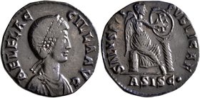 Aelia Flaccilla, Augusta, 379-386/8. Follis (Bronze, 21 mm, 4.00 g, 12 h), Siscia, 383-387. AEL FLAC-CILLA AVG Pearl-diademed and draped bust of Aelia...