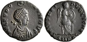 Aelia Eudoxia, Augusta, 400-404. Follis (Bronze, 16 mm, 2.80 g, 1 h), Cyzicus, 401-403. AEL EVDO-XIA AVG Pearl-diademed and draped bust of Aelia Eudox...