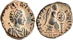 Aelia Eudoxia, Augusta, 400-404. Follis (Bronze, 15 mm, 3.00 g, 11 h), Antiochia, 401-403. AEL EVDO-XIA AVG Pearl-diademed and draped bust of Aelia Eu...