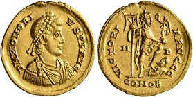 Honorius, 393-423. Solidus (Gold, 21 mm, 4.39 g, 1 h), Mediolanum, 395-423. D N HONORI-VS P F AVG Pearl-diademed, draped and cuirassed bust of Honoriu...
