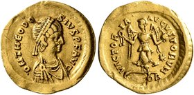 Theodosius II, 402-450. Tremissis (Gold, 15 mm, 1.44 g, 6 h), Constantinopolis, 430-440. D N THEODO-SIVS P F AVG Pearl-diademed, draped and cuirassed ...