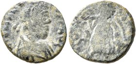 Johannes, usurper, 423-425. Nummus (Bronze, 12 mm, 1.26 g, 6 h), Rome. D N JOHANN-ES P F AVG Pearl-diademed, draped and cuirassed bust of Johannes to ...