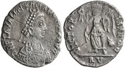 Valentinian III, 425-455. Half Siliqua (Silver, 13 mm, 0.95 g, 6 h), Ravenna. D N PLA VALENTINIANVS P F AVG Pearl-diademed, draped and cuirassed bust ...