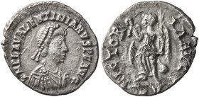 Valentinian III, 425-455. Half Siliqua (Silver, 14 mm, 1.00 g, 12 h), Ravenna. D N PLA VALENTINIANVS P F AVG Pearl-diademed, draped and cuirassed bust...