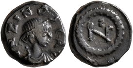 Zeno, second reign, 476-491. Nummus (Bronze, 9 mm, 1.08 g, 1 h), Thessalonica or Nicomedia. D N ZINO S P AV Pearl-diademed, draped and cuirassed bust ...