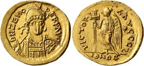 Zeno, second reign, 476-491. Solidus (Gold, 21 mm, 4.51 g, 5 h), Constantinopolis. D N ZENO PERP AVG Pearl-diademed, helmeted and cuirassed bust of Ze...