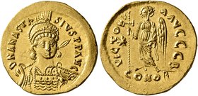 Anastasius I, 491-518. Solidus (Gold, 20 mm, 4.46 g, 6 h), Constantinopolis, circa 507-518. D N ANASTASIVS P P AVG Pearl-diademed, helmeted and cuiras...