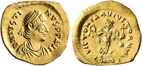 Justin I, 518-527. Tremissis (Gold, 15 mm, 1.41 g, 7 h), Constantinopolis. D N IVSTINVS P P AVI Diademed, draped and cuirassed bust of Justin I to rig...
