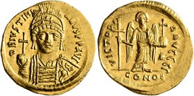Justinian I, 527-565. Solidus (Gold, 20 mm, 4.43 g, 7 h), Constantinopolis, circa 538-545. D N IVSTINIANVS P P AVG Helmeted and cuirassed bust of Just...