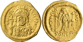 Justinian I, 527-565. Solidus (Gold, 21 mm, 4.19 g, 7 h), Constantinopolis, 545-565. D N IVSTINIANVS P P AVI Helmeted and cuirassed bust of Justinian ...
