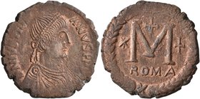 Justinian I, 527-565. Follis (Bronze, 29 mm, 11.11 g, 6 h), Rome, 537. D N IVSTINIANVS P P AVG Diademed, draped, and cuirassed bust of Justinian I to ...