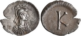 Anonymous, time of Justinian I, circa 530. Half Siliqua (?) (Silver, 15 mm, 0.75 g, 12 h), Constantinopolis. Helmeted and draped bust of Constantinopo...