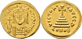 Tiberius II Constantine, 578-582. Solidus (Gold, 21 mm, 4.42 g, 6 h), Constantinopolis, 579-852. δ m TIb CONSTANT P P AVG Draped and cuirassed bust of...