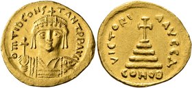 Tiberius II Constantine, 578-582. Solidus (Gold, 21 mm, 4.49 g, 5 h), Constantinopolis, 579-852. δ m TIb CONSTANT P P AVG Draped and cuirassed bust of...