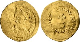 Maurice Tiberius, 582-602. Semissis (Gold, 19 mm, 2.08 g, 7 h), Constantinopolis, 582. [D N mAV]RI P P AVG Diademed, draped, and cuirassed bust of Mau...