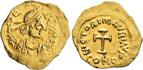 Maurice Tiberius, 582-602. Tremissis (Gold, 16 mm, 1.48 g, 6 h), Constantinopolis. D N TIbЄ-RI P P AVG Pearl-diademed, draped and cuirassed bust of Ma...