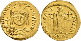Maurice Tiberius, 582-602. Solidus (Gold, 20 mm, 4.32 g, 7 h), Theoupolis (Antiochia). O N mAVRC TIb P P AVG Draped and cuirassed bust of Maurice Tibe...