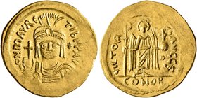 Maurice Tiberius, 582-602. Light weight Solidus of 23 Siliquae (Gold, 22 mm, 4.27 g, 7 h), Theoupolis (Antiochia). O N mAVRC TIb P P AV Draped and cui...