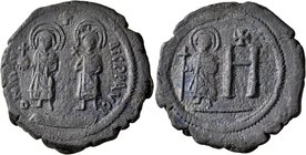 Maurice Tiberius, with Constantina and Theodosius, 582-602. 8 Pentanummia (Bronze, 31 mm, 12.68 g, 1 h), Cherson, 584-602. O N MAVRIC P P AVG Maurice ...