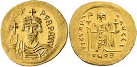 Phocas, 602-610. Solidus (Gold, 22 mm, 4.51 g, 7 h), Constantinopolis, 603-607. [O N FOCAS] PЄRP AVG Draped and cuirassed bust of Phocas facing, weari...