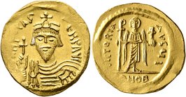 Phocas, 602-610. Solidus (Gold, 23 mm, 4.43 g, 7 h), Constantinopolis, 607-610. δ N FOCAS PЄRP AVI Draped and cuirassed bust of Phocas facing, wearing...