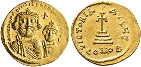 Heraclius, with Heraclius Constantine, 610-641. Solidus (Gold, 21 mm, 4.50 g, 6 h), Constantinopolis, circa 616-625. dd NN hERACLIЧS ET hERA CONST PP ...