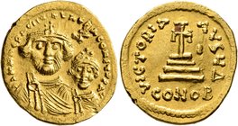 Heraclius, with Heraclius Constantine, 610-641. Solidus (Gold, 20 mm, 4.51 g, 6 h), Constantinopolis, circa 616-625. dd NN hERACLIЧS ET hERA CONST PP ...