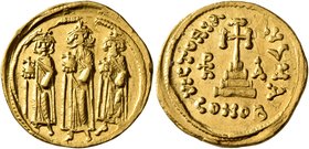 Heraclius, with Heraclius Constantine and Heraclonas, 610-641. Solidus (Gold, 20 mm, 4.41 g, 7 h), Constantinopolis, 637/638 (?). Heraclius, Heraclius...