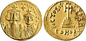 Constans II, with Constantine IV, 641-668. Solidus (Gold, 21 mm, 4.46 g, 7 h), Constantinopolis, 654-659. δ N CONSTANTINЧS C CONSTAI Crowned and drape...