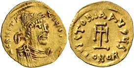 Constantine IV Pogonatus, 668-685. Tremissis (Gold, 16 mm, 1.41 g, 7 h), Constantinopolis. δ N CONSTATIЧS P P A Diademed, draped and cuirassed bust of...