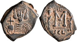 Constantine IV Pogonatus, 668-685. Follis (Bronze, 22 mm, 3.45 g, 6 h), Syracuse, 668-674. Helmeted and draped bust of Constantine IV facing, holding ...
