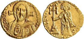 Justinian II, first reign, 685-695. Solidus (Gold, 19 mm, 4.43 g, 7 h), Constantinopolis, 692-695. IҺS CRISTOS RЄX RЄTNANTI ЧM Draped bust of Christ f...