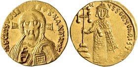 Justinian II, first reign, 685-695. Solidus (Gold, 19 mm, 4.47 g, 7 h), Constantinopolis, 692-695. IҺS CRISTOS RЄX RЄTNANTIЧM Draped bust of Christ fa...