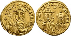 Theophilus, with Constantine and Michael II, 829-842. Solidus (Gold, 21 mm, 4.36 g, 7 h), Constantinopolis, 830/1-840. ✱ΘЄOFILOS bASILЄ Θ Facing bust ...