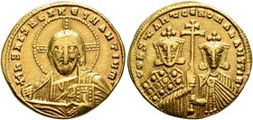 Constantine VII Porphyrogenitus, with Romanus II, 913-959. Solidus (Gold, 20 mm, 4.20 g, 7 h), Constantinopolis, 945-959. +IҺS XPS RЄX RЄGNANTIЧm' Nim...