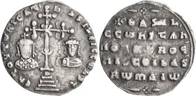 Basil II Bulgaroktonos, with Constantine VIII, 976-1025. Miliaresion (Silver, 22 mm, 2.32 g, 1 h), Constantinopolis, 977-989. ЄҺ TUVTω ҺICAT' baSILЄI ...