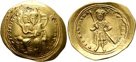 Isaac I Comnenus, 1057-1059. Histamenon (Gold, 26 mm, 4.36 g, 6 h), Constantinopolis. +I hC XIC RЄX RIςNANTҺIm Nimbate Christ enthroned facing, wearin...
