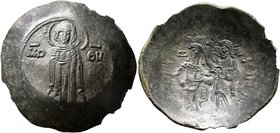 Andronicus I Comnenus, 1183-1185. Aspron Trachy (Billon, 29 mm, 4.00 g, 5 h), Constantinopolis. The Virgin, nimbate, standing facing on dais, wearing ...