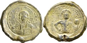 Constantine IX Monomachus, 1042-1055. Seal (Lead, 36 mm, 35.87 g, 12 h). +ЄΜΜΑ-ΝΟVΗΛ / IC - XC Bust of Christ facing, with cross-nimbus containing fiv...
