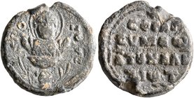 Symeon Chaliziotes, monk, 11th century. Seal (Lead, 17 mm, 4.50 g, 11 h). O / C/V-M/Є/ω/N Saint Symeon stylite seated on top of column, nimbate and ha...
