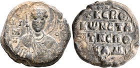 Konstantinos, spatharokandidatos, First half 11th century. Seal (Lead, 25 mm, 13.75 g, 12 h). Θ / ΔI/M/H-[T]P,/OC Nimbate facing bust of Saint Demetri...