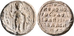 Konstantinos Dalassenos, 2nd half 11th century. Seal (Lead, 26 mm, 16.67 g, 11 h). O / A/ΓI/O/C - ΔH/M/I/T/PI/O, Saint Demetrios standing facing, hold...