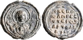 Johannes, monk, presbyteros and chartoularios, 2nd half 11th century. Seal (Lead, 24 mm, 11.13 g, 11 h). MHP -Θ[V] Nimbate Theotokos “Episkepsis”, rai...