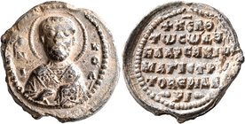 Baasakios Beridares, magistros, 2nd half 11th century. Seal (Lead, 24 mm, 10.82 g, 12 h). Θ / N/I-K/O/Λ, Nimbate facing bust of Saint Nicholas, raisin...