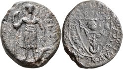 Uncertain, late medieval period. Seal (Lead, 34 mm, 32.72 g, 6 h). ...CЄ...- Θ/T/I Military saint standing, nimbate, holding spear in right hand, rest...