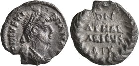 OSTROGOTHS. Athalaric, 526-534. 1/4 Siliqua (Silver, 10 mm, 0.66 g, 6 h), Ravenna, 527-534. D N IVSTINIAN AVG Pearl-diademed, draped and cuirassed bus...