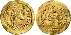 LOMBARDS, Lombardy. Uncertain king, circa 568-690. Tremissis (Gold, 16 mm, 1.47 g, 6 h), imitating Justinian I (527-565). D N IVSTNI-ΛNVS P P AVG Pear...