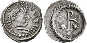 LOMBARDS, Lombardy. Uncertain king, circa 568-690. 1/4 Siliqua (Silver, 12 mm, 0.48 g, 7 h). Diademed and draped imperial bust to right. Rev. Staurogr...