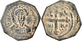 CRUSADERS. Antioch. Tancred, regent, 1101-1112. Follis (Bronze, 22 mm, 2.61 g, 6 h). ΚΕ ΒΟ TANKPI Cuirassed bust of Tancred facing, wearing turban wit...